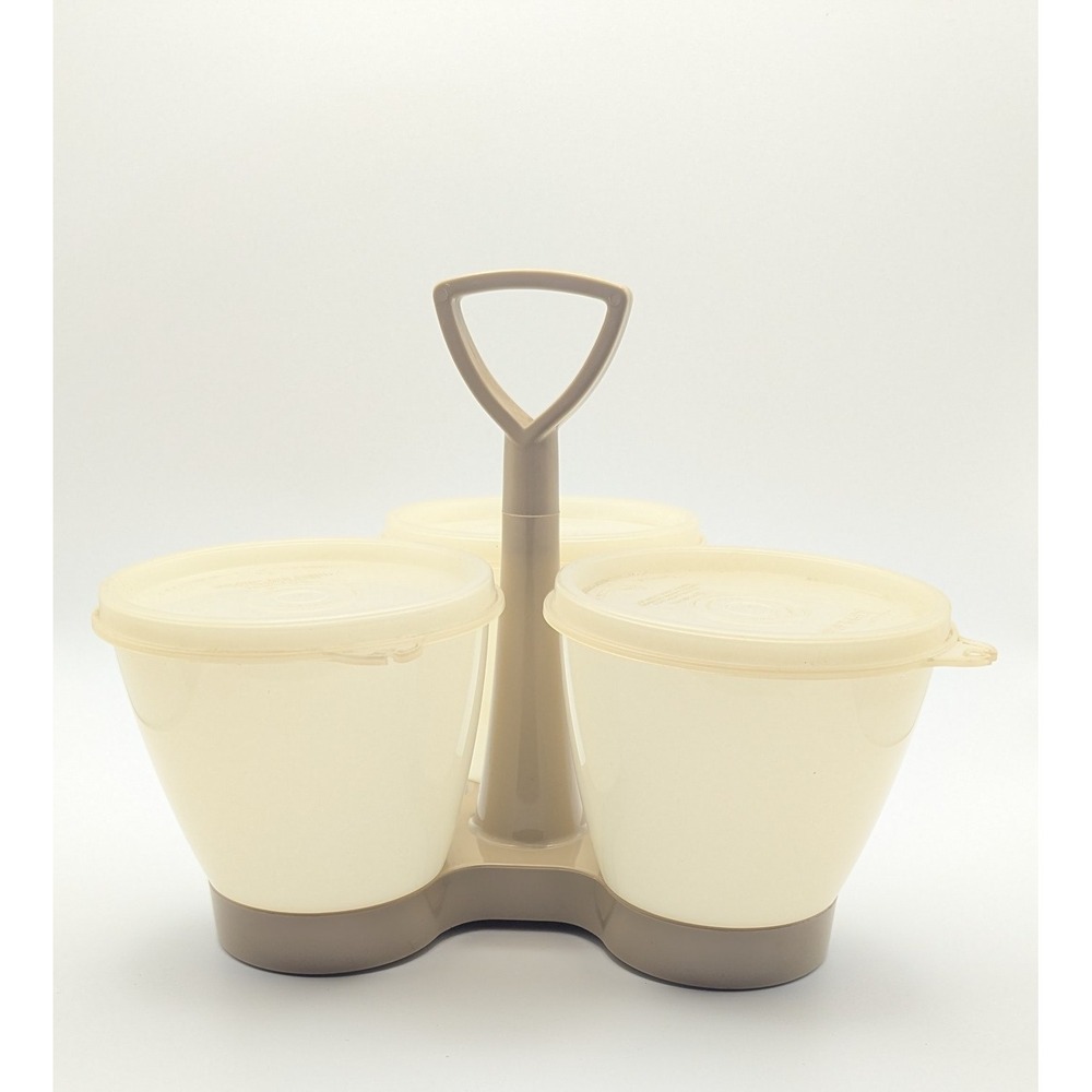 Tupperware Vtg Condiment Caddy 757-4 Cream Tan 3 Container Set with Lids USA